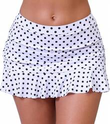 Halcurt Women's Low Waisted Ruched Ruffle Swim Skirts With Hipster Bikini Bottoms Tummy Control Swimsuit - White/Polka Dot 1 - View 1