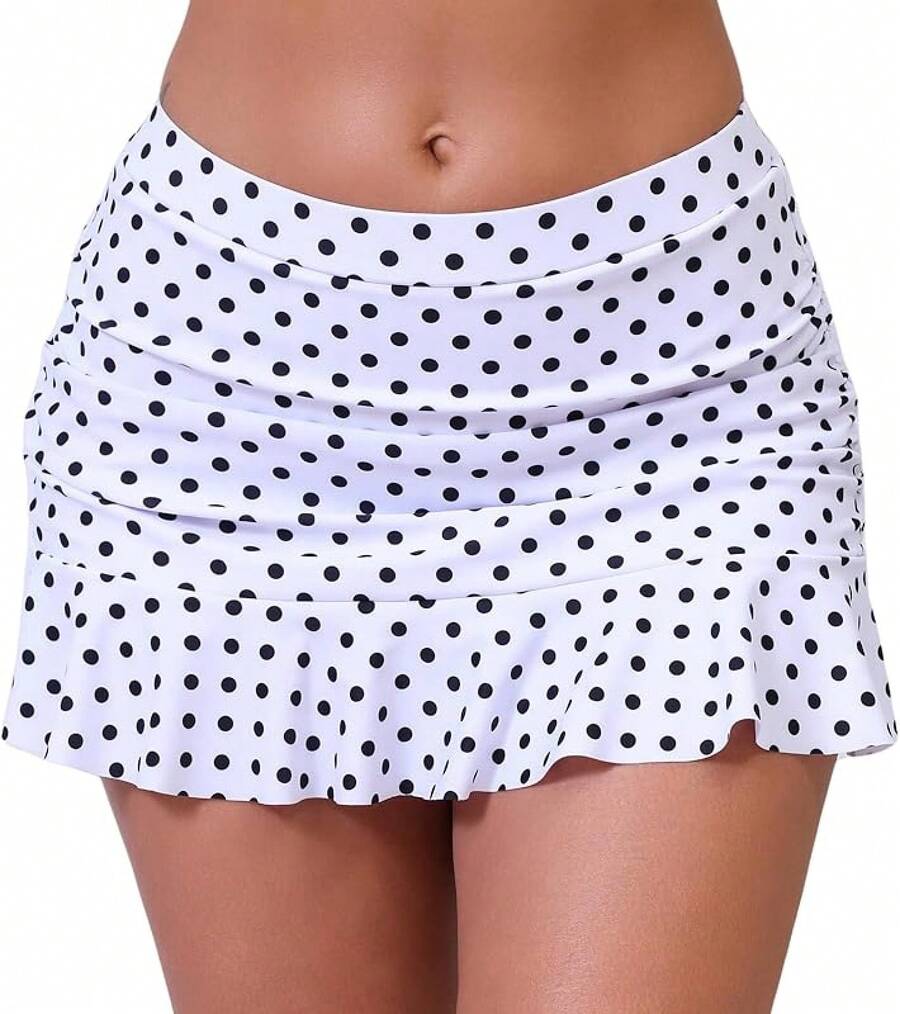 Halcurt Women's Low Waisted Ruched Ruffle Swim Skirts With Hipster Bikini Bottoms Tummy Control Swimsuit - White/Polka Dot 1 - View 1