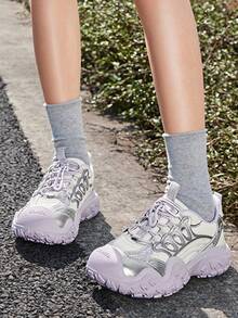 CAMEL CROWN Zapatillas de deporte de mujer para exterior, con bloqueo de color, de moda y elegantes, tipo tenis gruesos para verano, senderismo y caminar - Beige/Plata/Morado - Ver 3