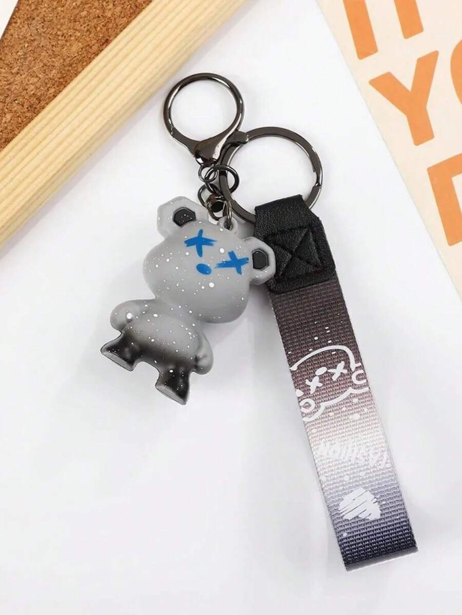 可爱卡通星星熊带绳钥匙扣钥匙圈吊坠情人节生日礼物汽车饰品包包挂饰 - 灰色 - 查看 1