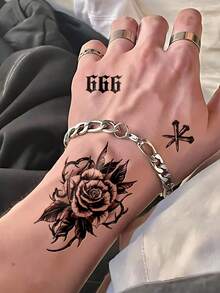 1 张小尺寸人体艺术临时纹身贴纸，男士适用，黑色老式复古玫瑰数字 666 指甲手背图案，防水假纹身，持续 2-5 天，遮盖疤痕，可用于手臂手腕肩腿腰颈手胸部大腿手指 - 黑色 - 查看 3