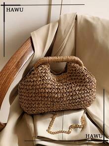 1pc Chain Shoulder Bag, Crumpled Cloud-Shaped Woven Straw Sling Bag, Fashionable Beach Vacation Bag For Women, Summer - Khaki - View 1