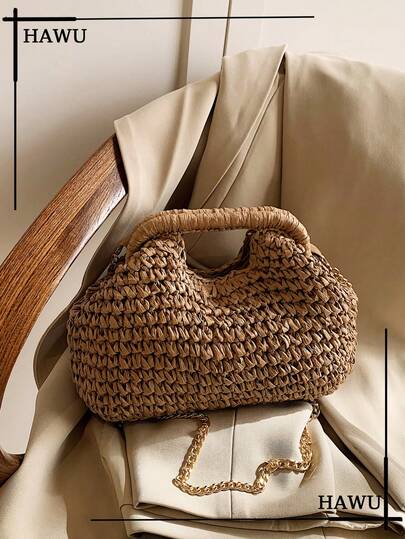 1pc Chain Shoulder Bag, Crumpled Cloud-Shaped Woven Straw Sling Bag, Fashionable Beach Vacation Bag For Women, Summer