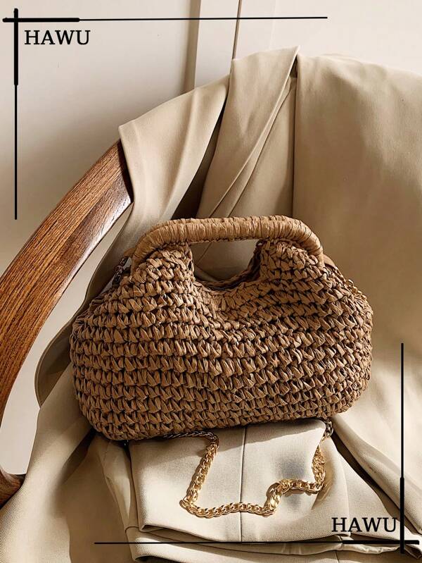 1 pieza Bolso de hombro con cadena, bolso bandolera de paja con diseño de nube arrugada, bolso de playa de moda para mujer, verano