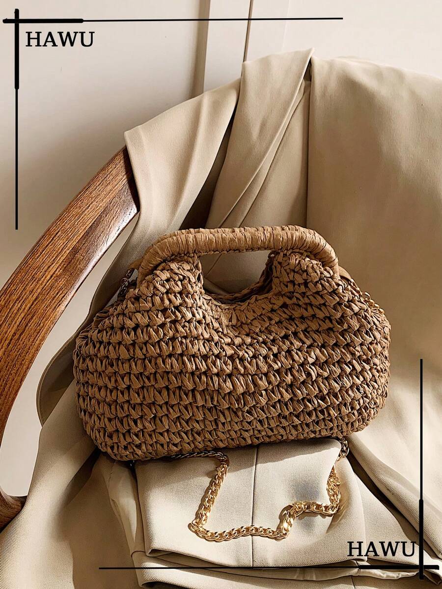 1pc Chain Shoulder Bag, Crumpled Cloud-Shaped Woven Straw Sling Bag, Fashionable Beach Vacation Bag For Women, Summer - Khaki - View 1