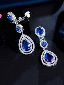 1 Pair Clip-On No Piercing Long Drop CZ Crystal Earrings, Silver Plated Red & Blue Cubic Zirconia Wedding Jewelry For Women, Brides, Bridesmaids, Engagement, Banquet, Pageant, Prom, Gift - 1 Pair Clip On Earrings - View 8