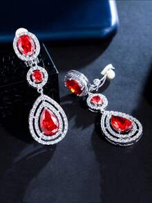 1 Pair Clip-On No Piercing Long Drop CZ Crystal Earrings, Silver Plated Red & Blue Cubic Zirconia Wedding Jewelry For Women, Brides, Bridesmaids, Engagement, Banquet, Pageant, Prom, Gift - 1 Pair Clip On Earrings - View 6