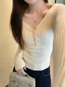 Korean Style V-Neck Button Design Slim Fit Layered Long Sleeve Knitted Sweater Tops, Autumn/Winter - Apricot - View 3