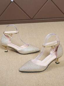 1 Pair Fashionable New Style Teenager High Heel Shoes, One-Buckle Design, Shiny Upper With Kitten Heel, Crystal Shoes For Formal Occasion