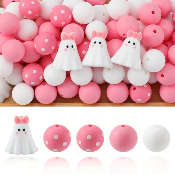 6/25/40pcs Halloween White Ghost Series Silicone Bead Set - Various Colors & Patterns | Cute Designs | Smooth Finish Beads - Ideal For DIY Crafting Keychains, Necklaces, Bracelets, Decorative Pens, Jewelry, And Pendants - Creative Holiday Decor, Jewelry Making Supplies - Beads & Bead Assortments
