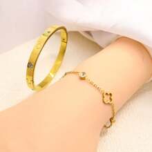 Pulseira de diamante com flor de quatro folhas vazada, 2 peças/conjunto, aço inoxidável banhado a ouro 18k, sem desbotamento, adequada para uso diário feminino ou presente para amigos