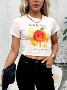 Bulbuuk Camiseta de manga corta con corte slim y estampado de   Mango    Casual    blusas gráficas para mujer  Diario    Todas las temporadas - Blanco - Ver 1