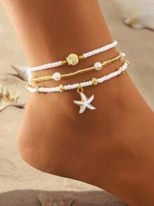 Set de 3 piezas Tobillera con colgante de estrellas de mar y conchas, decoración de perlas falsas irregulares, estilo bohemio, pulsera de tobillos apilable, adecuada para bikinis sexy de mujer, fiestas en la playa, vacaciones y regalo ideal (La cantidad y el pedido de cuentas son aleatorios)