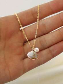1 Peça Colar Minimalista Moda Banhado a Ouro 14k/Prata com Concha e Pérola, Adequado para Senhoras/Meninas, Use no Dia de Trabalho ou de Presente