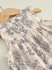 夏季圆领纯色水墨画少女衣服无袖单排扣休闲连衣裙年轻女孩装 - 米色 - 查看 4