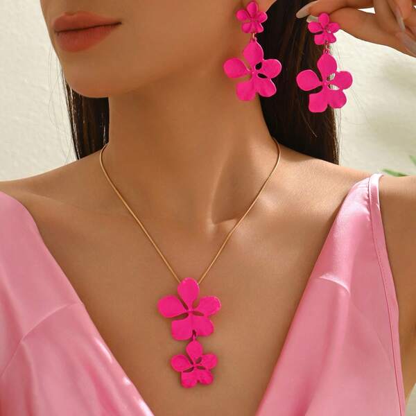 3pcs/Set Colorful Flower Necklace & Earrings Jewelry Set, Fresh & Stylish, Suitable For Women As Gift, Vacation And Daily Wear