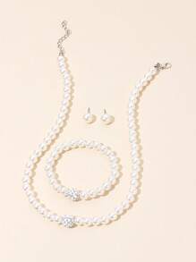 Set de 4 piezas de joyería con collar, pulsera y aretes de perlas falsas elegantes, adecuado para cenas formales, citas y fiestas