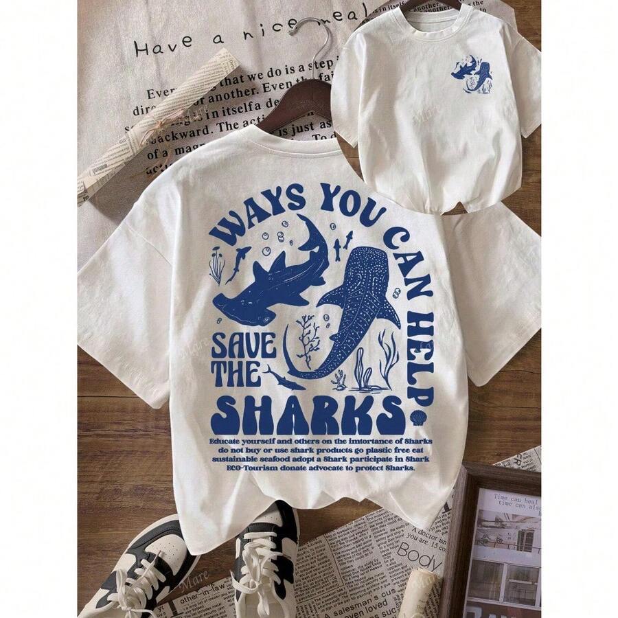 Women's Casual Round Neck Short Sleeve T-Shirt | Shark Print Ocean Protection Design Tee With Aesthetic Workout Shirts - 白色 - 查看 1