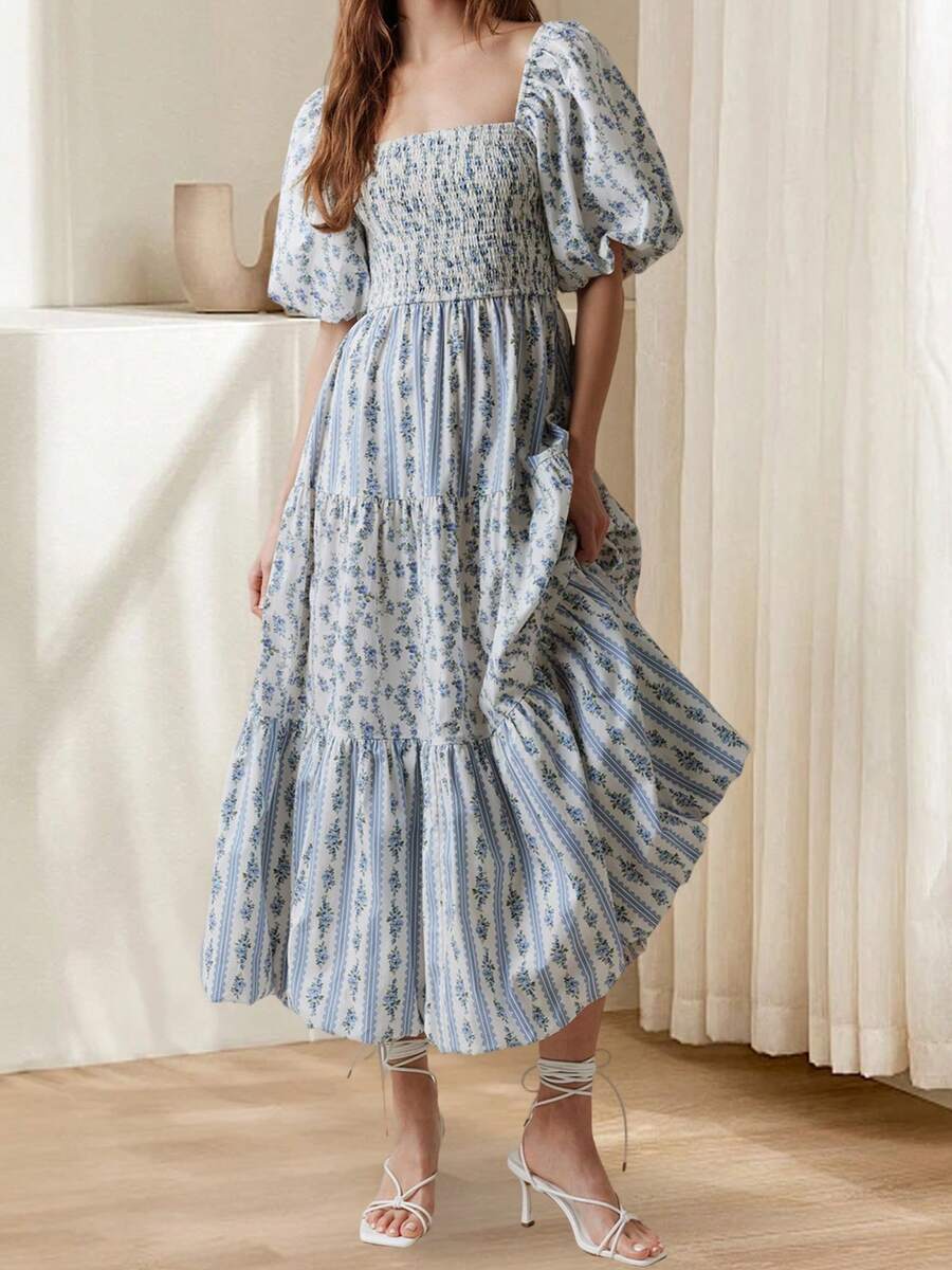 Women Long Dress Floral Print Square Neck Short Sleeve Dress Summer Fashion Casual Dress - 藍色 - 查看 1