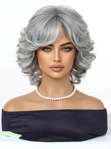 Tóc giả ngắn xoăn 12 inch màu xám bạc có mái, sợi chịu nhiệt mềm mại & chân thực, nhẹ & thoáng khí không rối dễ đội, thân thiện với da & bền, phù hợp dùng hàng ngày, hẹn hò, tiệc tùng, du lịch, chụp ảnh, tóc giả thời trang & quyến rũ cho nữ - Màu xám đen - Xem 3