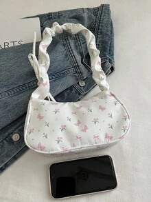 女款碎花斜挎單肩包，大容量百褶手提包，休閒簡約風，2024新款，粉色 - 粉色 - 查看 8