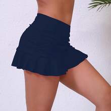 Halcurt Women's Low Waisted Ruched Ruffle Swim Skirts With Hipster Bikini Bottoms Tummy Control Swimsuit - Navy 1 - View 3