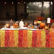 1pc Red, Orange & Gold Metallic Foil Wave Fringe Table Skirt, Fits Rectangular & Round Tables, Thanksgiving Party Harvest Autumn Season Table Decor Gift