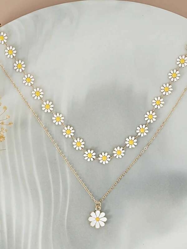 Collar colgante de moda para mujer 2 en 1, collar clásico de cadena pequeña con margarita, colgante creativo de flor blanca con doble clavícula, ideal para fiestas de verano, vacaciones y banquetes