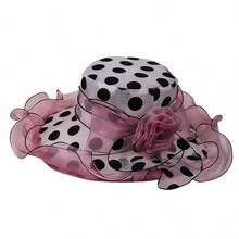 Women Organza Church Hats Dots Print Large Flower Church Hats Outdoor Lightweight Sun Hats - 粉色 - 查看 6