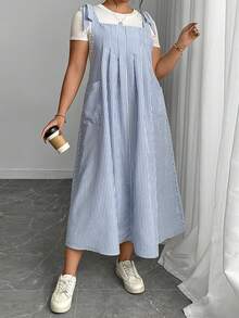 Women's Spring Summer Overall Dress Sleeveless Tie Shoulder Loose Striped Plus Size Dresses - 藍色 - 查看 3