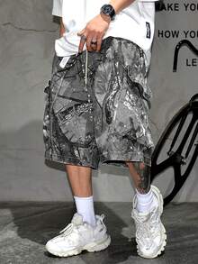男士时尚工装短裤，户外休闲数码印花阔腿短裤，适合夏季，轻便街头风宽松5英寸短裤，夏季沙滩裤 - 灰色 - 查看 1