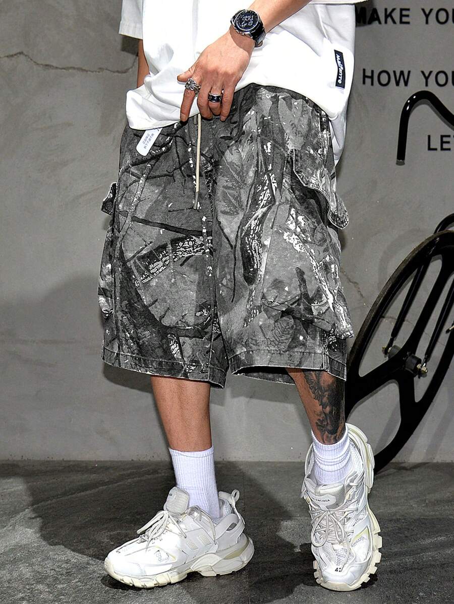 男士时尚工装短裤，户外休闲数码印花阔腿短裤，适合夏季，轻便街头风宽松5英寸短裤，夏季沙滩裤 - 灰色 - 查看 1