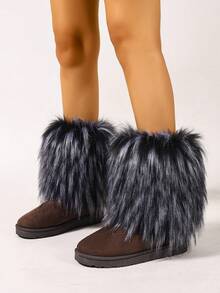 Women Solid Color Cute Y2K Faux Fur Fabric Patchwork Boots, Fashion Boots For Holiday, Vacation, Party, Outdoor, Spring Autumn Winter