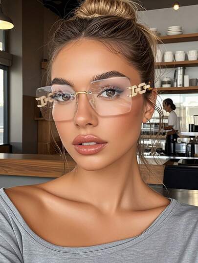 1 Pair Unisex Chic Square Metal Framed Retro Glasses, Leopard Print Chain Temples Design, Suitable For Computer, Reading, Gaming, TV, Smartphone, Clear Lens Accessories, Women High Definition Glasses