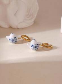 1 Pair Fashionable Chinese Style 18K Stainless Steel Ceramic Teacup & Teapot Design Earrings For Women, Suitable For Everyday Wear