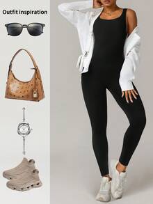 Yefecy 一件纯色连体裤 高弹力跑步健身运动服 无缝瑜伽运动连体裤 黑色 - 黑色 - 查看 9