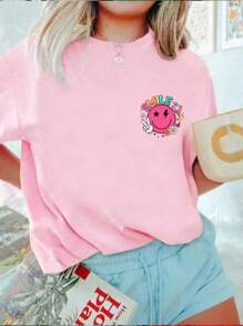Tween Girls' Printed Short Sleeve T-Shirt, Student/Young Children's Clothing, Summer Top For Girls Preparing To Play