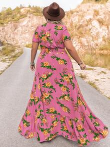 Rusttydustty 大码女式热带植物印花V领连衣裙，波西米亚风沙滩装，音乐节热带度假派对连衣裙