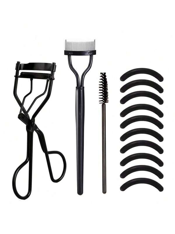 1 pieza Kit portátil de rizado de pestañas que incluye separador de pestañas, peine de acero, cepillo de pestañas y 10 almohadillas de silicona de repuesto, rizador de pestañas de acero inoxidable disponible en varios colores, para mujeres