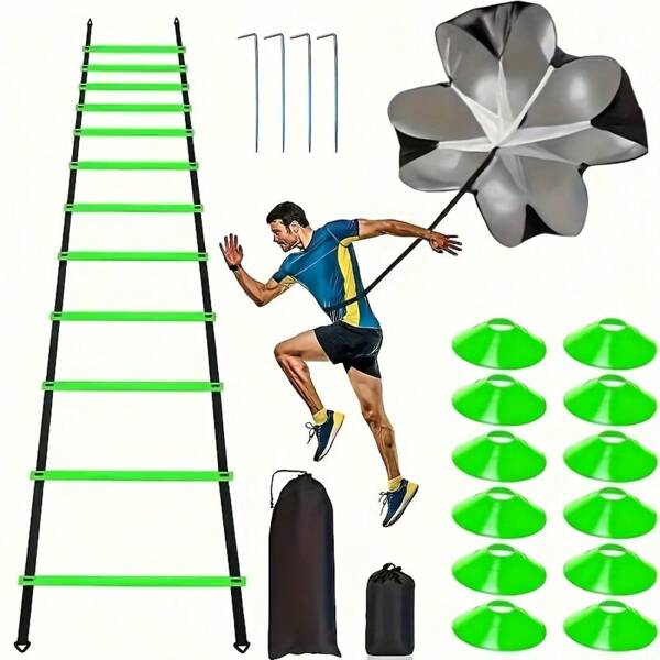 Fußball Trainings Geschicklichkeits-Leiter Set, mit Disc-Kegel, Widerstandsfallschirm, Bodenhaken, Fußball Geschwindigkeitstraining Leiter Geschicklichkeitsleiter + Widerstandsfallschirm + Markierungskegel! Verbessert Geschwindigkeit, Richtungswechsel und explosive Kraft.