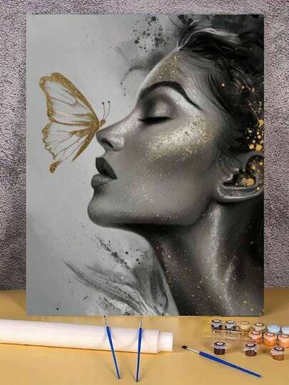 1 Set Butterfly & Woman Portrait Art DIY Digital Painting Kit, Adult Craft Supplies, Unframed Art Painting Set For Bedroom Decor And Art Wall, Simple Yet Fun Painting Method Without Drawing Skills, Fulfill Your Artist Dream, Immerse In The Colorful World, Express Yourself With Every Stroke, Add Romantic Touch To Life, Best Gift For Family And Friends, Holiday Gift, 40*50CM