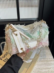 Women's Chain Strap Colorful Five-Pointed Star Color Blocking Canvas Shoulder Bagtrendy Star Print Women Bag