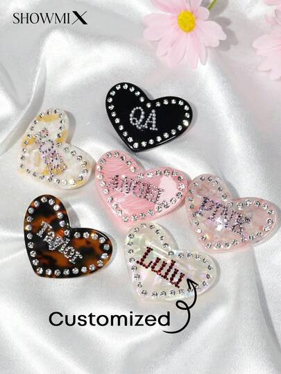 Customized Acetate Frame Hair Clips With Hand-Embedded Diamonds, Customized Logo Or Name, Versatile Heart-Shaped Hair Clips