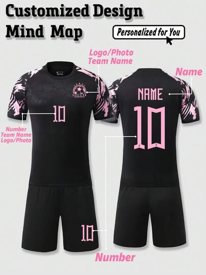 2pcs Personalized Football Jersey - Customized Club Name, Number And Logo Print Short Sleeve T-Shirt + Shorts Training Sports Set And Casual Wear, Spring/Summer, Fashionable , Minimalist Unique, Personalized, One-Of-A-Kind, Men's Clothing, Capsule Wardrobe, Men's Basic/Streetwear Style, Ideal Gift For Him, Boyfriend, Family, Friends, Suitable For Birthday, Holiday/Festival, School/Match, Sports/Hiking, Etc., Outdoor Sports, Seasonal Selection, Customized Comfortable Loose Casual T-Shirt