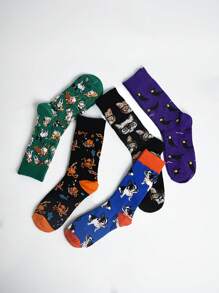 5 Pairs Women Cartoon Dog Print Socks, Cute Animal Pattern Comfortable Daily Casual Fashion Mid-Calf Socks, Autumn/Winter
