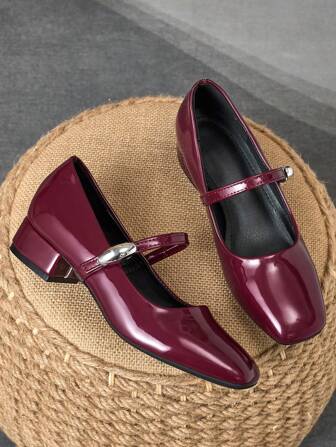 女士时尚方头一脚蹬粗跟浅口鞋，复古休闲百搭高端优雅栗色派对/旅游/购物户外服装