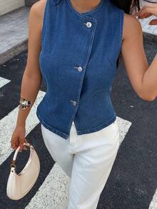 DEEKA Spring Summer New Fashion Casual Simple Women Denim Vest - Blue - View 3