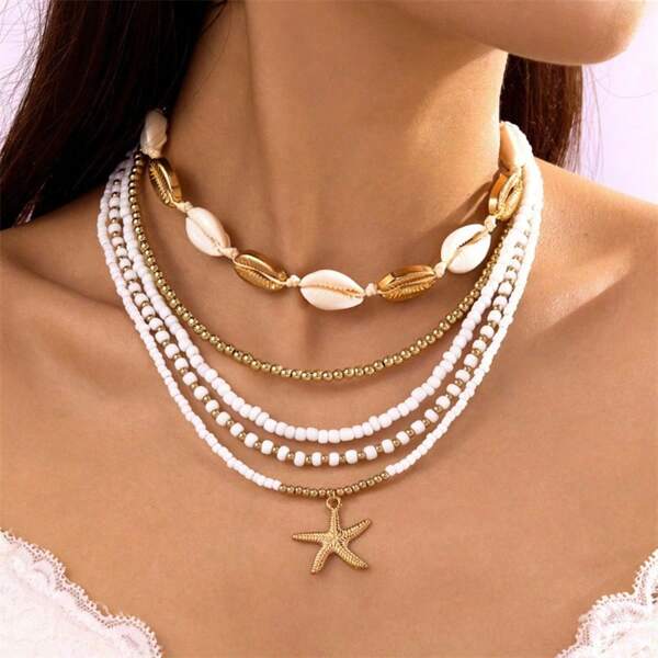 5pcs Summer Beach Ocean Beaded Seashell And Starfish Pendant Necklace, Handmade Choker For Women Vacation & Everyday Wear