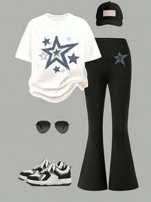 2pcs/Set Girls Casual Minimalist Short Sleeve Top And Pants Set, Suitable For Summer Vacation - Black and White - View 2