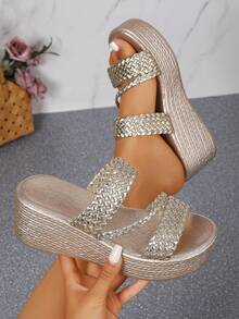 女士高品质金色编织拖鞋，舒适厚底厚底休闲夏季沙滩拖鞋，百搭日常穿着 - 金色 - 查看 5